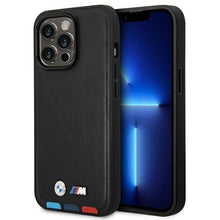 Заредете изображение във визуализатора на галерията – Case BMW BMHMP14X22PTDK iPhone 14 Pro Max 6.7 "black / black Leather Stamp Tricolor Magsafe - TopMag
