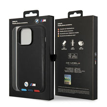 Заредете изображение във визуализатора на галерията – Case BMW BMHMP14X22PTDK iPhone 14 Pro Max 6.7 "black / black Leather Stamp Tricolor Magsafe - TopMag
