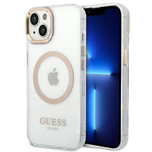 Заредете изображение във визуализатора на галерията – Guess GUHMP14MHTRMD iPhone 14 Plus 6.7 "gold / gold hard case Metal Outline Magsafe - TopMag
