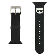 Заредете изображение във визуализатора на галерията – Karl Lagerfeld KLAWLSLCK Apple Watch Strap 42/44 / 45mm black / black strap Silicone Choupette Heads - TopMag
