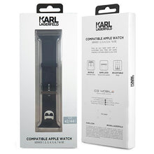 Заредете изображение във визуализатора на галерията – Karl Lagerfeld KLAWLSLCK Apple Watch Strap 42/44 / 45mm black / black strap Silicone Choupette Heads - TopMag
