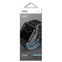 Заредете изображение във визуализатора на галерията – UNIQ pasek Linus Apple Watch Series 4/5/6/7/8/SE/SE2/Ultra 42/44/45mm. Airosoft Silicone czarny/midnight black - TopMag
