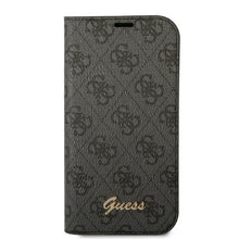 Заредете изображение във визуализатора на галерията – Guess GUBKP14XHG4SHK iPhone 14 Pro Max 6.7 "black / black book 4G Vintage Gold Logo
