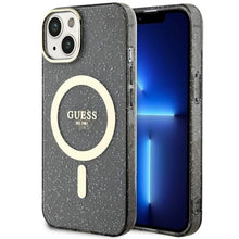 Заредете изображение във визуализатора на галерията – Original Case GUESS hardcase Glitter Gold MagSafe GUHMP14SHCMCGK for Iphone 14 black
