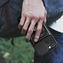 Заредете изображение във визуализатора на галерията – Hybrid Armor Camshield iPhone 15 Case with Stand and Camera Cover - Blue
