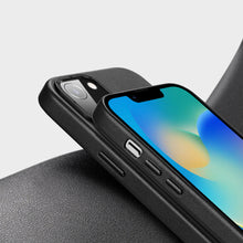 Заредете изображение във визуализатора на галерията – Dux Ducis Grit Leather Case for iPhone 14 Plus Elegant Faux Leather Cover (MagSafe Compatible) Black

