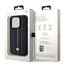 Заредете изображение във визуализатора на галерията – BMW Leather Stamp Blue Lines case for iPhone 15 Pro Max - black
