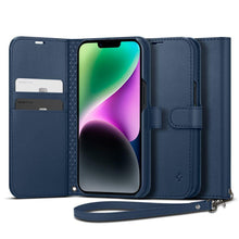 Заредете изображение във визуализатора на галерията – Spigen Wallet S Leather Flip Wallet for iPhone 14 Blue - TopMag
