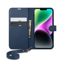 Заредете изображение във визуализатора на галерията – Spigen Wallet S Leather Flip Wallet for iPhone 14 Blue - TopMag
