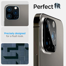 Заредете изображение във визуализатора на галерията – Spigen Optik. TR Camera Protector Camera tempered glass (2 pcs) iPhone 14 Pro / 14 Pro Max black - TopMag
