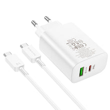 Заредете изображение във визуализатора на галерията – Borofone Wall charger BN10 Sunlight - USB + Type C - QC 3.0 PD 65W with Type C to Type C cable white
