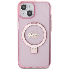 Заредете изображение във визуализатора на галерията – Original faceplate case GUESS GUHMP15SHRSGSP for iPhone 15 Plus (Magsafe / Glitter Script Logo / Ring stand / pink)
