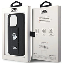 Заредете изображение във визуализатора на галерията – Karl Lagerfeld Gripstand Saffiano Choupette Pins case for iPhone 15 Pro - black
