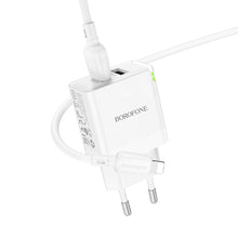 Заредете изображение във визуализатора на галерията – Borofone Wall charger BN15 Strong - 2xUSB - 2,1A with USB to Lightning cable white
