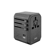 Заредете изображение във визуализатора на галерията – Uniq Load. network. Voyage World Adapter 33W + 2xUSB + PD 18W + QC 3.0 grey/charcoal gray (LITHOS Collective)
