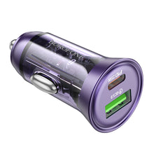Заредете изображение във визуализатора на галерията – Borofone Car charger BZ26A Shadow - USB + Type C - PD 43W 3A transparent-purple
