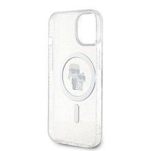 Заредете изображение във визуализатора на галерията – Karl Lagerfeld Karl&amp;Choupette Glitter MagSafe case for iPhone 15 - transparent

