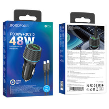 Заредете изображение във визуализатора на галерията – Borofone Car charger BZ21 Brilliant - USB + Type C - QC 3.0 PD 48W with Type C to Lightning cable black
