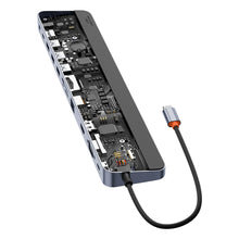 Заредете изображение във визуализатора на галерията – Baseus EliteJoy Gen2 11-Port Type-C HUB Adapter Dark gray（Type-C to HDMI*1+USB3.0*3+PD*1+VGA*1+SD/TF*1+RJ45*1+Type-C Data*1+3.5mm*1）
