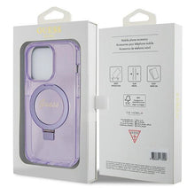 Заредете изображение във визуализатора на галерията – Guess Ring Stand Script Glitter MagSafe case for iPhone 14 Pro - purple
