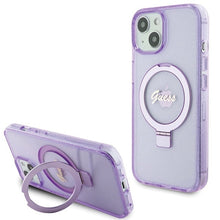 Заредете изображение във визуализатора на галерията – Original faceplate case GUESS GUHMP15MHRSGSU for iPhone 15 Plus (Magsafe / Glitter Script Logo / Ring stand / purple)
