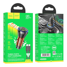 Заредете изображение във визуализатора на галерията – HOCO car charger USB QC 18W + 2 x Type C 30W + cabel Type C to Type C PD60W NZ12D transparent orange
