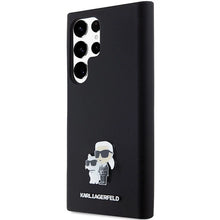 Заредете изображение във визуализатора на галерията – Karl Lagerfeld Silicone Karl&amp;Choupette Metal Pin case for Samsung Galaxy S23 Ultra - black
