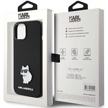 Заредете изображение във визуализатора на галерията – Karl Lagerfeld Silicone Choupette Metal Pin case for iPhone 15 Plus / 14 Plus - black
