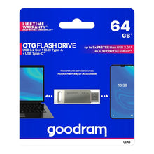 Заредете изображение във визуализатора на галерията – Flash Drive 64GB USB 3.2 Gen 1 USB / USB C OTG ODA3 Goodram - Silver
