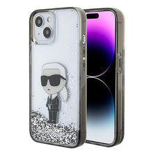 Заредете изображение във визуализатора на галерията – Original KARL LAGERFELD Case Liquid Glitter Ikonik KLHCP15SLKKNSK for Iphone 15 Transparent
