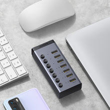 Заредете изображение във визуализатора на галерията – Ugreen multifunctional HUB 7in1 USB Type C - 7x USB Type A 3.0 PD DC 12V gray (CM481)
