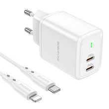 Заредете изображение във визуализатора на галерията – Borofone Wall charger BN9 Reacher - 2xType C - QC 3.0 PD 35W with Type C to Lightning cable white
