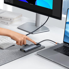 Заредете изображение във визуализатора на галерията – HUB 11in1 Baseus Metal Gleam Series USB-C to USB-C PD / USB-C / 3x USB-A / HDMI / AUX / RJ-45 / SD TF - gray
