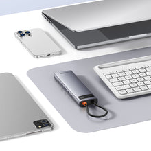 Заредете изображение във визуализатора на галерията – HUB 11in1 Baseus Metal Gleam Series USB-C to USB-C PD / 3x USB-A 3.0 / USB-A 2.0 / HDMI / VGA / AUX / RJ-45 / SD TF - gray
