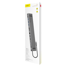 Заредете изображение във визуализатора на галерията – Baseus Enjoyment MacBook / notebook stand HUB USB Typ C PD / VGA / HDMI / RJ45 / USB 3.0 / SD, TF, micro SD card reader Dark for MacBook / PC gray (CATSX-G0G)
