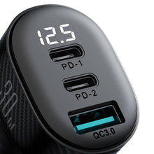 Заредете изображение във визуализатора на галерията – Joyroom JR-CCD04 30W 2x USB-C USB-A car charger with display - black
