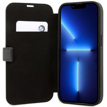 Заредете изображение във визуализатора на галерията – Case BMW BMBKP14L22RVSK iPhone 14 Pro 6.1" black/black bookcase Leather Stamp Blue Lines
