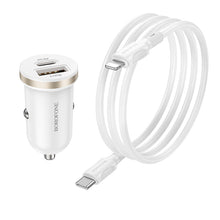 Заредете изображение във визуализатора на галерията – Borofone Car charger BZ22 Scenery - USB + Type C - QC 3.0 PD 30W with Type C to Lightning cable white

