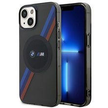 Заредете изображение във визуализатора на галерията – Case BMW BMHMP14SHDTK iPhone 14 6.1" grey/grey Tricolor Stripes MagSafe
