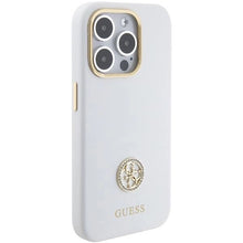 Заредете изображение във визуализатора на галерията – Guess Silicone Logo Strass 4G case for iPhone 15 Pro Max - white
