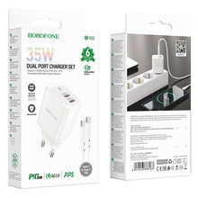 Заредете изображение във визуализатора на галерията – Borofone Wall charger BN9 Reacher - 2xType C - QC 3.0 PD 35W with Type C to Type C cable white
