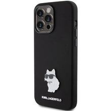 Заредете изображение във визуализатора на галерията – Karl Lagerfeld Silicone Choupette Metal Pin case for iPhone 15 Pro - black
