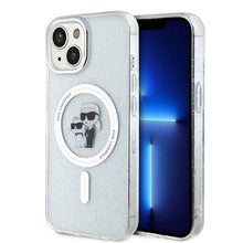 Заредете изображение във визуализатора на галерията – Karl Lagerfeld Karl&amp;Choupette Glitter MagSafe case for iPhone 15 - transparent
