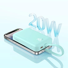 Заредете изображение във визуализатора на галерията – Baseus Magnetic Mini MagSafe 10000mAh 20W powerbank with built-in Lightning cable - blue + Baseus Simple Series USB-C - USB-C 60W 0.3m cable
