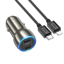 Заредете изображение във визуализатора на галерията – HOCO car charger 2x Type C + cable Type C to iPhone Lightning 8-pin PD 40W Z48 metal gray
