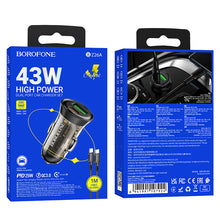 Заредете изображение във визуализатора на галерията – Borofone Car charger BZ26A Shadow - USB + Type C - PD 43W 3A with Type C to Type C cable transparent-black
