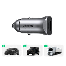 Заредете изображение във визуализатора на галерията – Ugreen fast car charger USB-A / USB-C 30W PD PPS gray (CD130)
