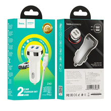 Заредете изображение във визуализатора на галерията – HOCO car charger 2x USB A + cable USB A to iPhone Lightning 8-pin 2,4A Z40 white
