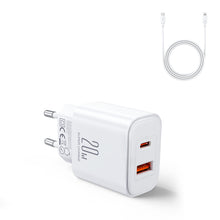 Заредете изображение във визуализатора на галерията – Joyroom JR-TCF05 20W USB-C / USB-A Fast Dual Port Wall Charger - White + USB-C - Lightning 1m
