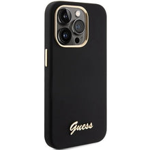 Заредете изображение във визуализатора на галерията – Guess Silicone Script Metal Logo &amp; Frame case for iPhone 15 Pro Max - black
